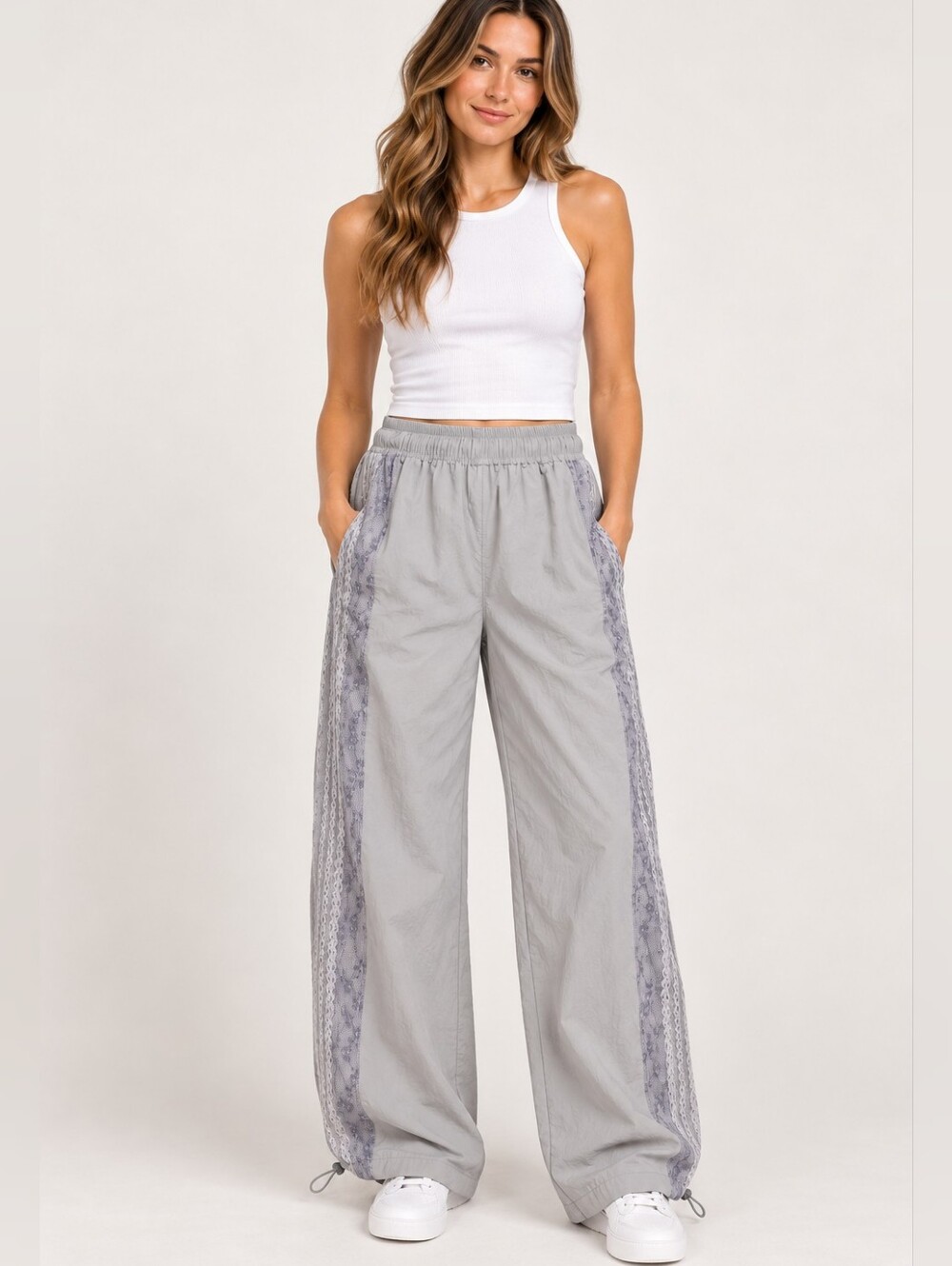 ii Free Size Gray Lace Side Panel Wide Leg Parachute Track Pants Y2K Sz S Baggy